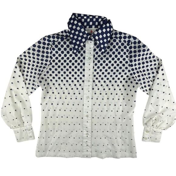 Vintage 1960s 70s full button polka dot polyester shirt dagger butterfly collar - Picture 1 of 4